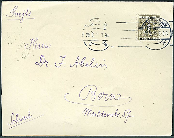 27/1 øre Provisorium single på brev fgra Kjøbenhavn d. 29.6.1918 til Bern, Schweiz.