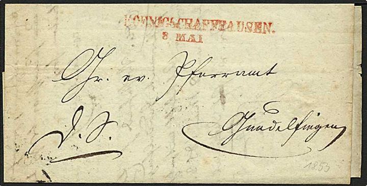 1853. Præfil tjenestebrev med rødt liniestempel KOENIGSCHAFHAUSEN 8 MAI (1853). På bagsiden transit-stempel Freiburg  