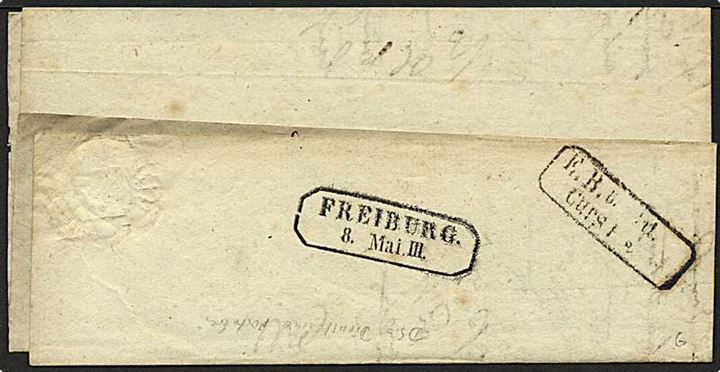 1853. Præfil tjenestebrev med rødt liniestempel KOENIGSCHAFHAUSEN 8 MAI (1853). På bagsiden transit-stempel Freiburg  
