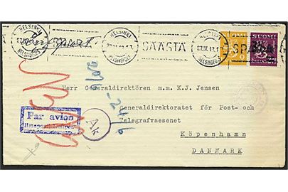 2 mk. og 2,75 mk. Løve udg. på luftpostbrev fra Helsingfors d. 27.4.1943 til København, Danmark. Passér-stemplet ved den finske og danske censur.