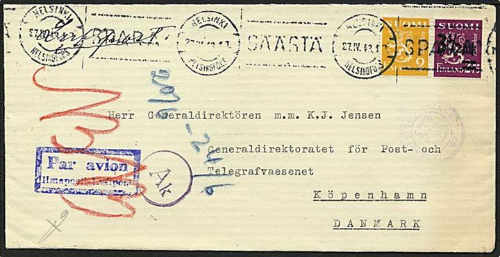 2 mk. og 2,75 mk. Løve udg. på luftpostbrev fra Helsingfors d. 27.4.1943 til København, Danmark. Passér-stemplet ved den finske og danske censur.
