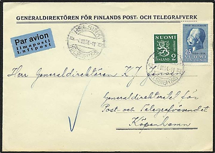 2 mk. Løve og 25 mk. Wilskman på fortrykt luftpostbrev fra Generaldirektören för Finlands Post- og Televerk stemplet Helsinki d. 6.3.1954 til København, Danmark.