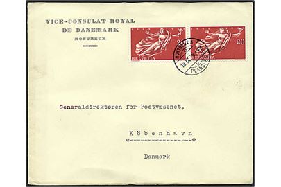 20 C. Forbundsstaten 100 år i par på fortrykt kuvert fra det danske vice-konsulat stemplet Montreux d. 18.9.1948 til København, Danmark.