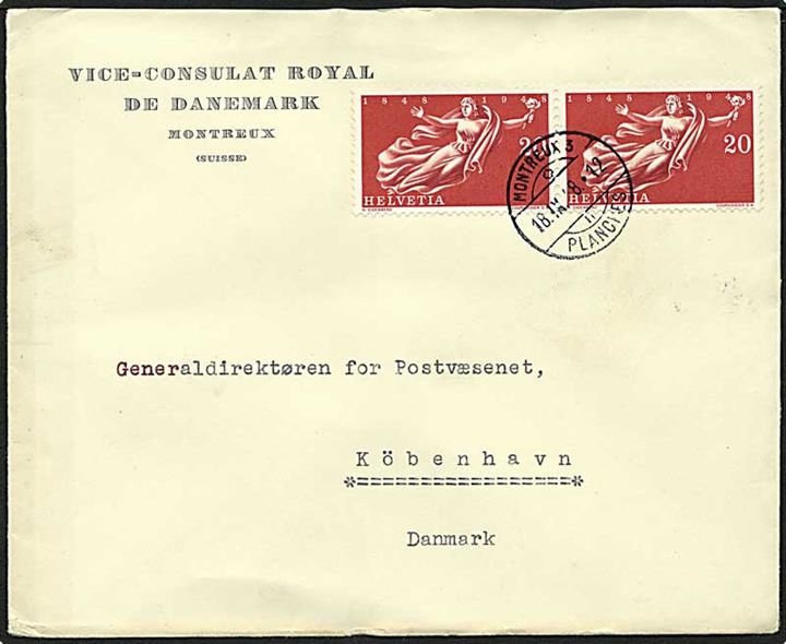 20 C. Forbundsstaten 100 år i par på fortrykt kuvert fra det danske vice-konsulat stemplet Montreux d. 18.9.1948 til København, Danmark.