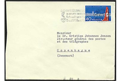 40 c. Åbning af Zürich Lufthavn single på brev fra Bern d. 9.10.1953 til København, Danmark. Ombæringskontrol-streger.