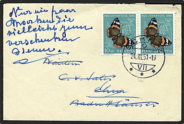 10+10 c. 1950 Pro Juventute i par på lille brev fra Schwyz d. 24.3.1951 til Chur.