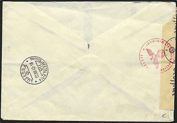 7,50 Fr. blandingsfrankeret anbefalet ekspresbrev fra Woluwe d. 22.12.1943 til Luzern, Schweiz. Åbnet af tysk censur. Bagklap mangler.
