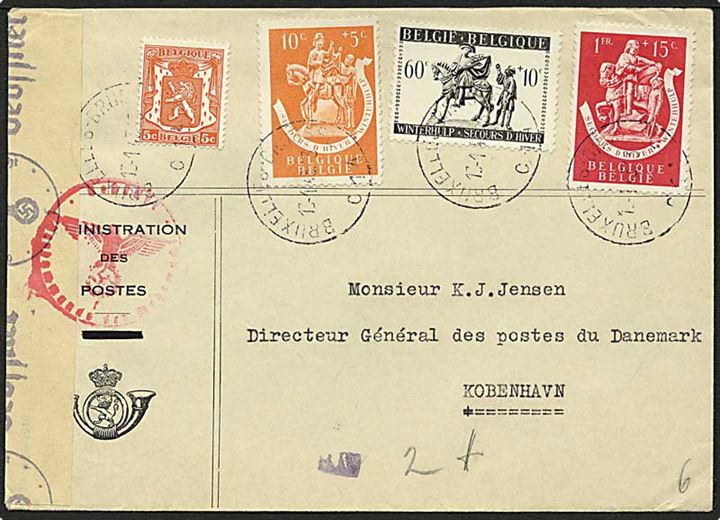 1,75 Fr. blandingsfrankeret brev fra Bruxelles d. 13.1.1943 til København, Danmark.