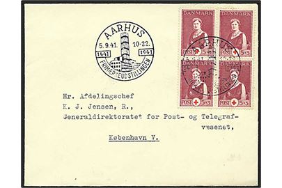 5+3 øre vinrød Dr. Alexandrine, 4 blok, på brev fra aarhus d. 5.9.1941 til København. Udstillingsstempel.