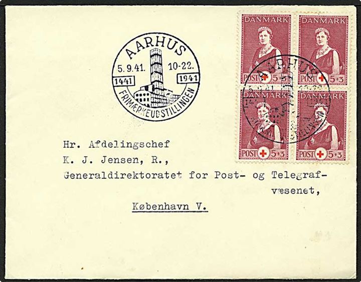 5+3 øre vinrød Dr. Alexandrine, 4 blok, på brev fra aarhus d. 5.9.1941 til København. Udstillingsstempel.