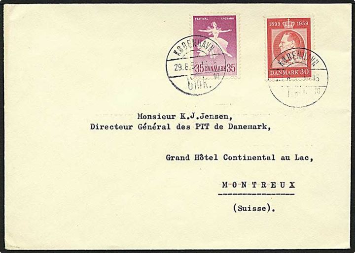 35 øre violet ballet og 30 øre rød Fr. IX på brev fra København d. 29.6.1956 til Montreux, Schweiz. Kuvert fra ministeriet for offentlige arbejder.