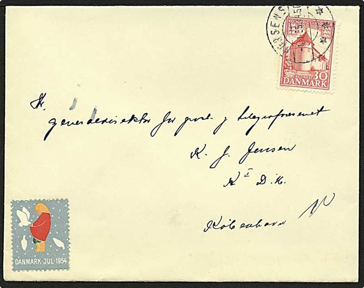 30 øre rød Nyborg Slot på brev fra postmesteren på Horsens postkontor d. 4.1.1955 til generaldirektøren K.J. Jensen, København.
