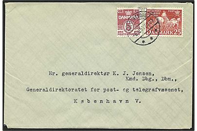5 øre vinrød bølgelinie og 25 øre rød frimærkejubilæum på brev fra Fredensborg d. 6.10.1953 til København.