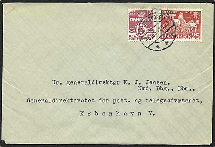 5 øre vinrød bølgelinie og 25 øre rød frimærkejubilæum på brev fra Fredensborg d. 6.10.1953 til København.