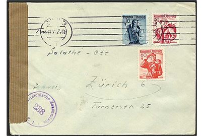 10 g., 30 g. og 60 g. dragter på brev fra Wien d. 17.12.1948 til Zürich, Schweiz. Åbnet af østrigsk efterkrigscensur.