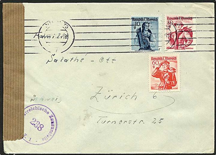 10 g., 30 g. og 60 g. dragter på brev fra Wien d. 17.12.1948 til Zürich, Schweiz. Åbnet af østrigsk efterkrigscensur.