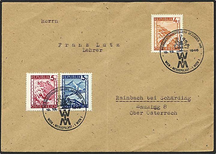 3 gr., 4 gr. og 5 gr. Landskaber på brev annulleret med særligt Juleudstillings-stempel i Wien d. 19.12.1946 til Rainbach bei Schärding.
