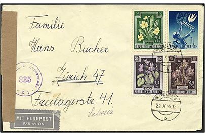 Blandingsfrankeret luftpostbrev med velgørenheds-udg. fra Anti-TB fond og Unicef fra Wien d. 22.10.1949 til Zürich, Schweiz. Åbnet af østrigsk efterkrigscensur.