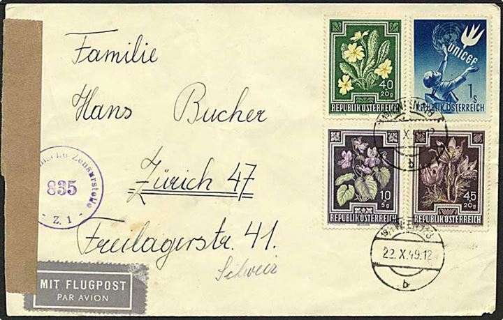 Blandingsfrankeret luftpostbrev med velgørenheds-udg. fra Anti-TB fond og Unicef fra Wien d. 22.10.1949 til Zürich, Schweiz. Åbnet af østrigsk efterkrigscensur.