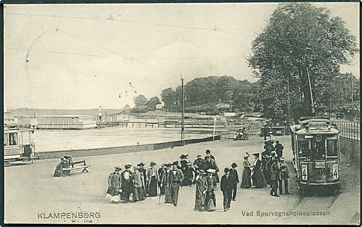 Klampenborg, sporvognsholdepladsen med sporvogn linie 4 vogn nr. 504. Stenders no. 3442. Kvalitet 9