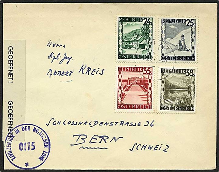 4 værdier af Landskabs-udg. på brev fra Graz 1946 til Bern, Schweiz. Åbnet af britisk censur i Østrig.