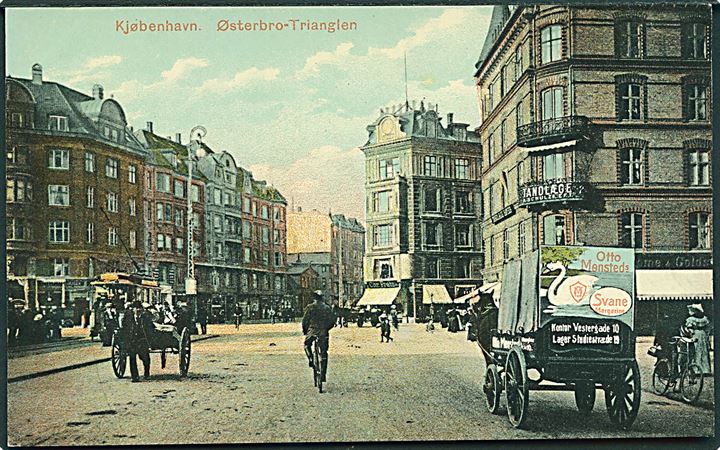 Købh., Østerbro med Trianglen samt hestevogn med reklame for Otto Mønsted. E.H. Lorenzen u/no. Kvalitet 9