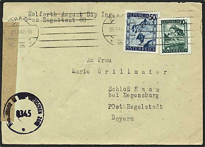 60 gr. frankeret brev fra Graz d. 3.3.1947 til Hegelstadt, Tyskland. Åbnet af britisk censur i Østrig.