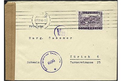 1 Shilling single på brev fra Wien d. 31.5.1948 til Zürich, Schweis. Åbnet af østrigsk efterkrigscensur.
