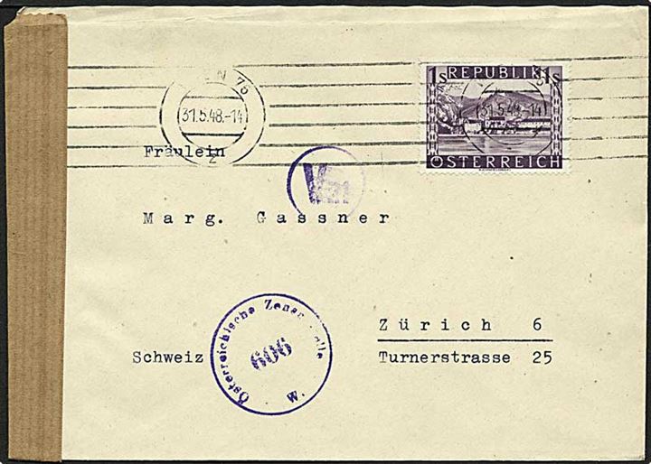 1 Shilling single på brev fra Wien d. 31.5.1948 til Zürich, Schweis. Åbnet af østrigsk efterkrigscensur.