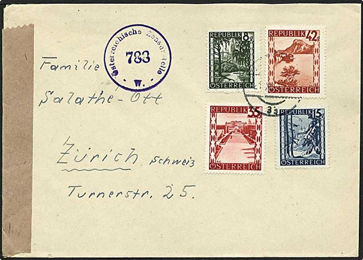 1 Shilling blandingsfrankeret brev fra Wien 1948 til Zürich, Schweiz. Åbnet af østrigsk efterkrigscensur