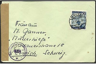 50 gr. Landskab single på brev fra Wien d. 27.11.1946 til Zürich, Schweiz. Åbnet af østrigsk efterkrigscensur.