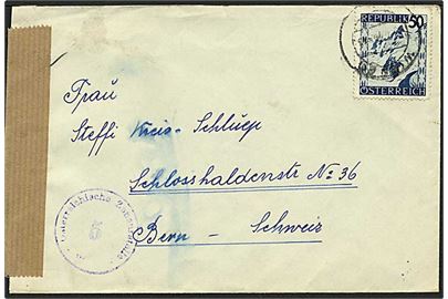 50 gr. Landskab single på brev fra Wien 1946 til Bern, Schweiz. Åbnet af østrigsk efterkrigscensur.