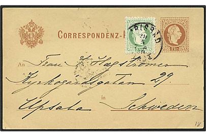 2 kr. helsagsbrevkort opfrankeret med 3 kr. Franz Joseph fra Karlsbad d. 29.5.1880 til Upsala i Sverige.