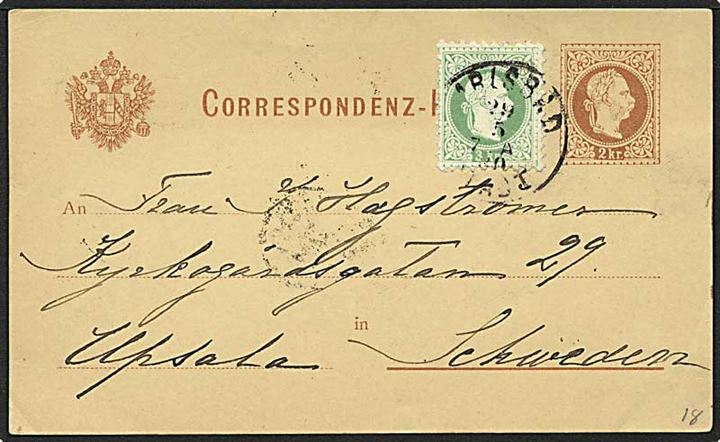 2 kr. helsagsbrevkort opfrankeret med 3 kr. Franz Joseph fra Karlsbad d. 29.5.1880 til Upsala i Sverige.