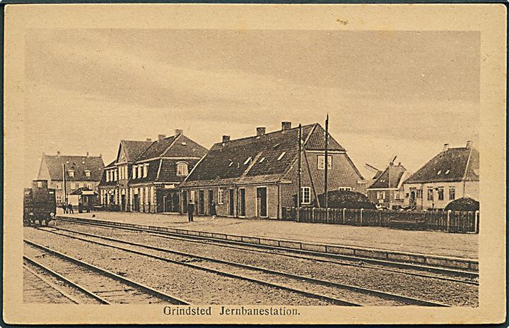 Grindsted Jernbanestation med togvogn. Sofus Hansen u/no. Kvalitet 8