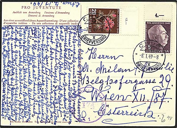 Schweizisk helsagskort med landskab. 25 centimes porto på postkort fra Chur, Schweiz, d. 3.1.1949 til Wien, Østrig. Allieret efterkrigscensur.