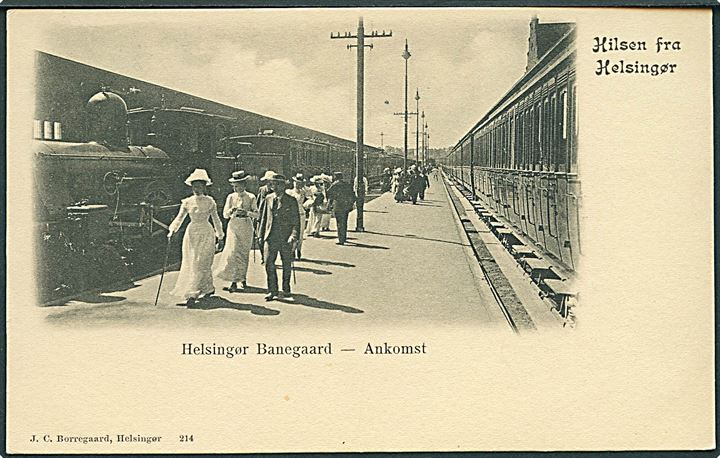 Helsingør, togets ankomst til banegaarden. J. C. Borregaard no. 214. Kvalitet 9