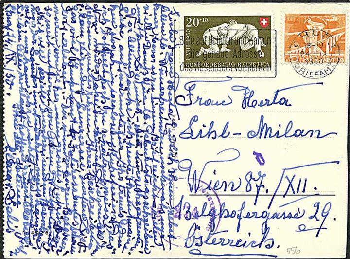 Lille pige der beder. 25 centimes porto på postkort fra Chur, Schweiz, d. 24.9.1950 til Wien, Østrig. Allieret efterkrigscensur.
