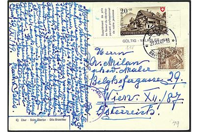25 centimes porto på postkort fra Chur, Schweiz, d. 24.11.1949 til Wien, Østrig. Allieret efterkrigs censur.