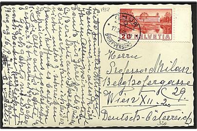 20 centimes porto på postkort fra Chur, Schweiz, d. 17.9.1938 til Wien, Østrig.