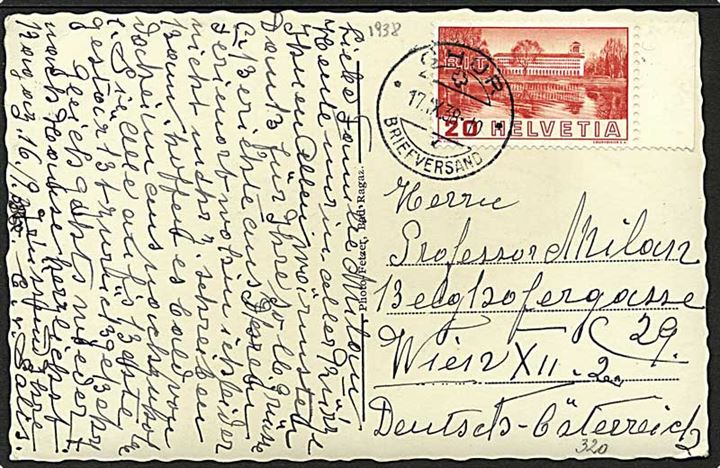 20 centimes porto på postkort fra Chur, Schweiz, d. 17.9.1938 til Wien, Østrig.
