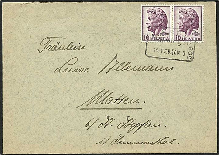 10 centimes violet på brev fra Münsingen d. 15.2.1946 til Matten. Münsingen bureaustempel.