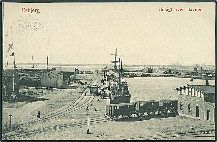 Esbjerg, havneparti med dampskib og jernbanevogne. W. & M. no. 33. Kvalitet 8