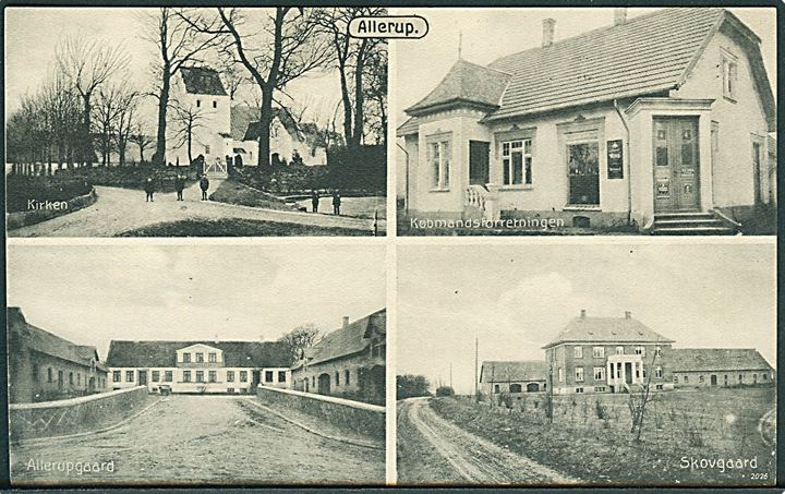 Allerup, partier med Købmandsforretning, Allerupgaard, Skovgaard og kirke. Foto H. Schmidt no. 2026. Kvalitet 10
