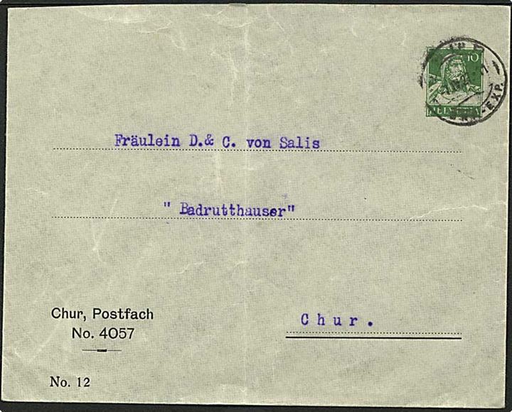 10 centimes grøn lokalt sendt helsagskuvert Chur d. 7.4.1927.
