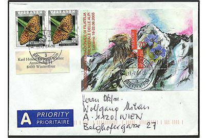 20 centimes sommerfugl samt miniark med bl.a. ørn på brev fra Winterthur, Schweiz, d. 13.7.2003 til Wien, Østrig.