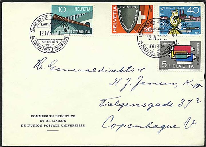75 centimes på brev fra Lausanne, Schweiz, d. 12.4.1957 til København.