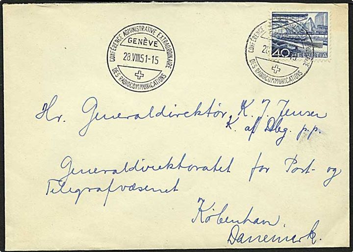 40 centimes blå på brev fra Genéve, Schweiz, d. 28.8.1951 til København.