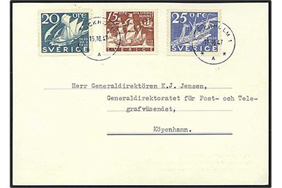 60 øre porto på brevkort fra Stockholm, Sverige, d. 15.10.1947 til København.