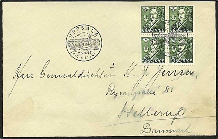 5 øre grøn E.C. Geijer, parstykker i firblok, på brev fra Uppsala, Sverige, d. 23.4.1947 til Hellerup.